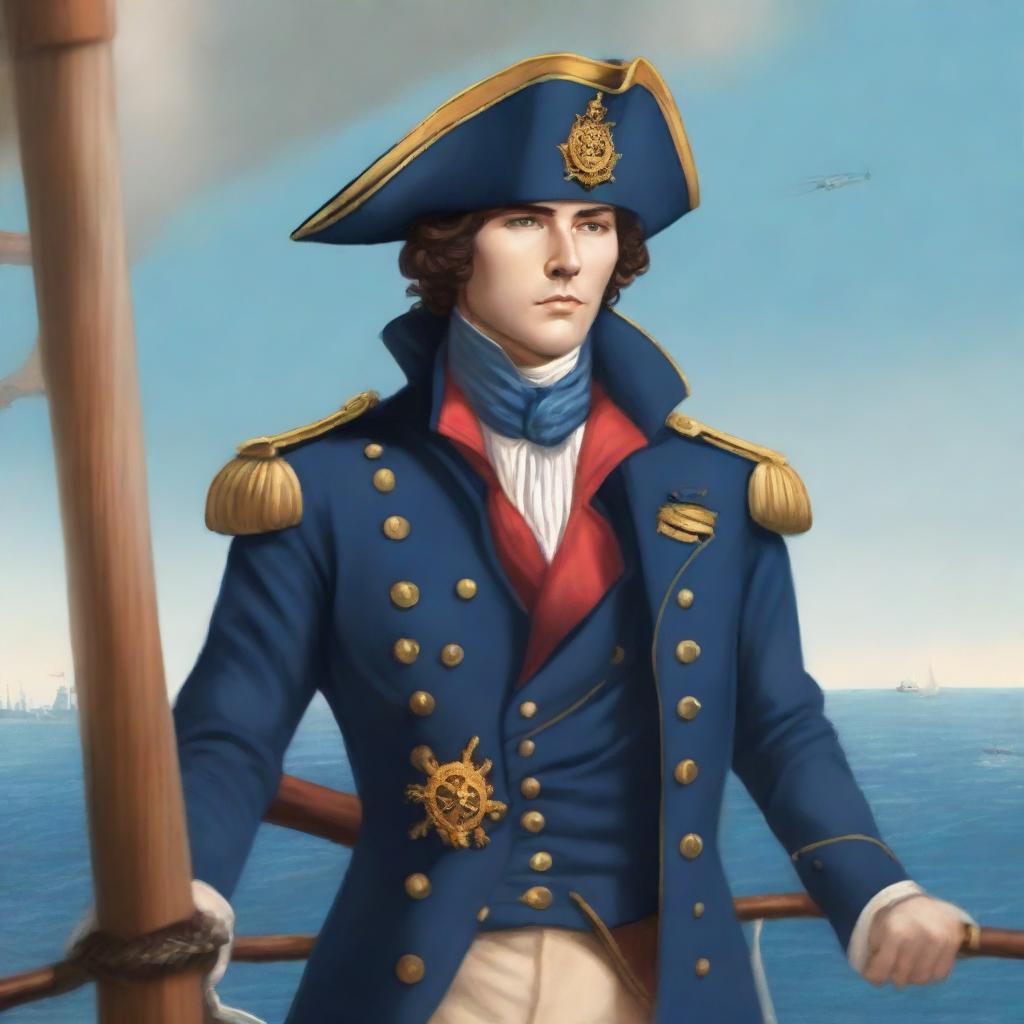 Illustration of a young 20-30 year old captain at sea wearing a blue coat and a tricorne that are both trimmed with light red