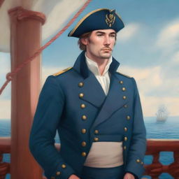 Illustration of a young 20-30 year old captain at sea wearing a blue coat and a tricorne that are both trimmed with light red