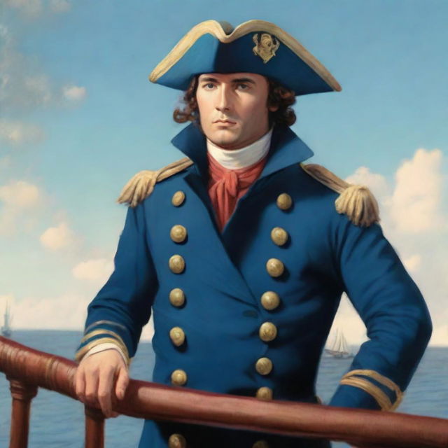 Illustration of a young 20-30 year old captain at sea wearing a blue coat and a tricorne that are both trimmed with light red