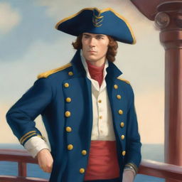 Illustration of a young 20-30 year old captain at sea wearing a blue coat and a tricorne that are both trimmed with light red