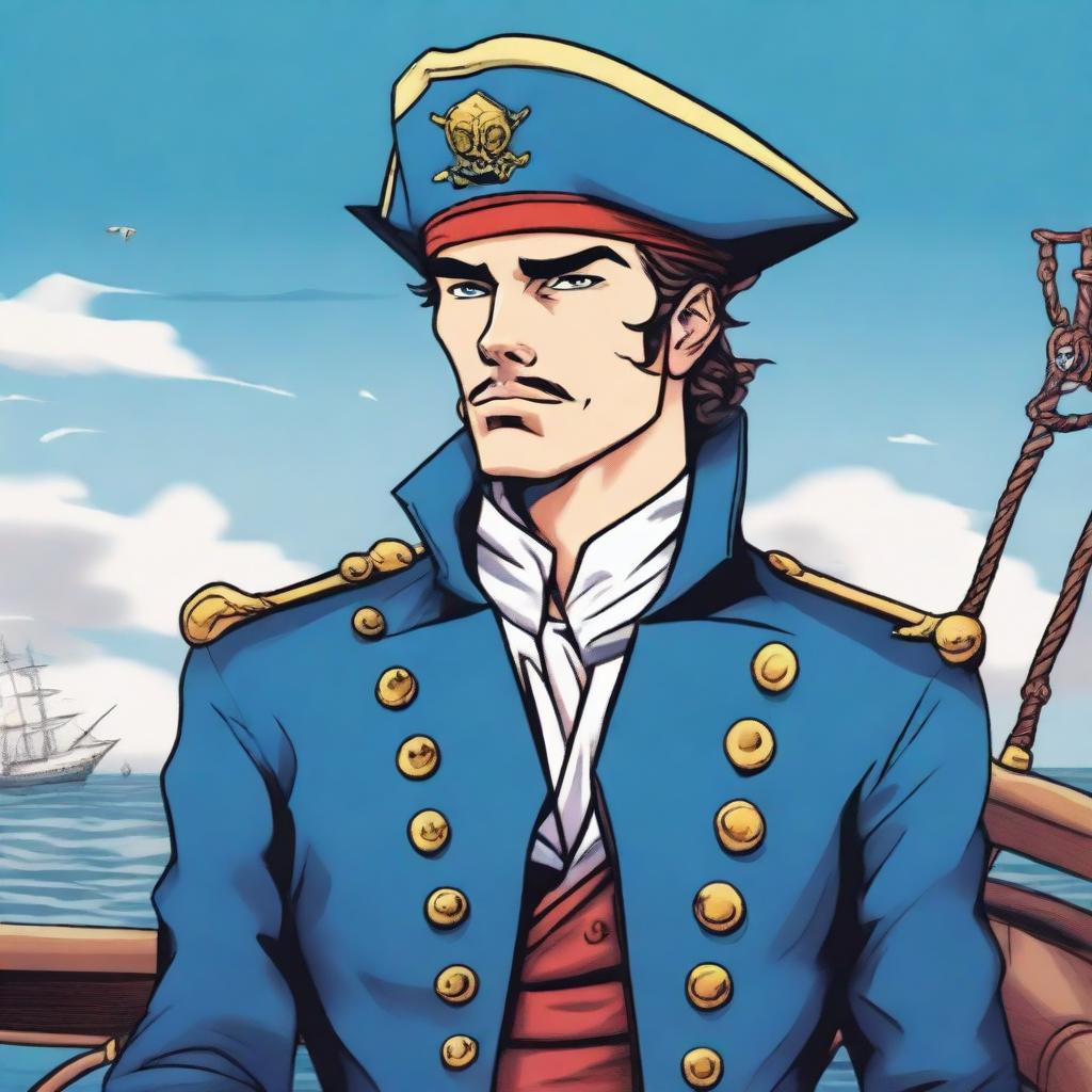 An illustration of a young 20-30 year old captain at sea wearing a blue coat and a tricorne that are both trimmed with light red