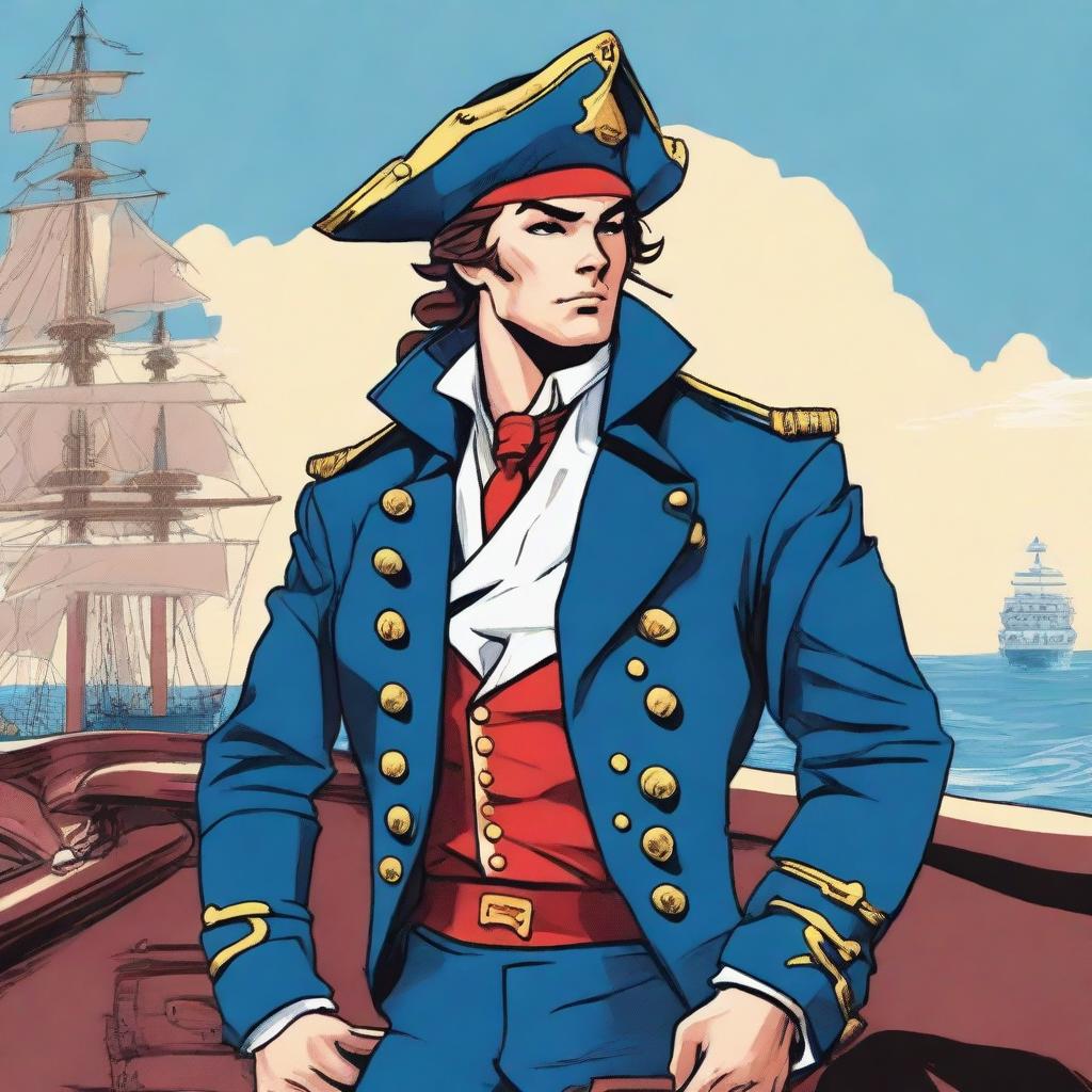 An illustration of a young 20-30 year old captain at sea wearing a blue coat and a tricorne that are both trimmed with light red