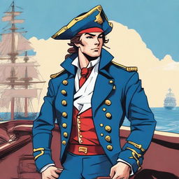 An illustration of a young 20-30 year old captain at sea wearing a blue coat and a tricorne that are both trimmed with light red