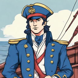 An illustration of a young 20-30 year old captain at sea wearing a blue coat and a tricorne that are both trimmed with light red