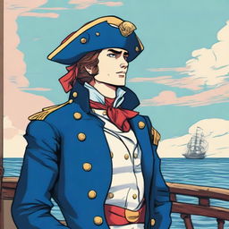 An illustration of a young 20-30 year old captain at sea wearing a blue coat and a tricorne that are both trimmed with light red