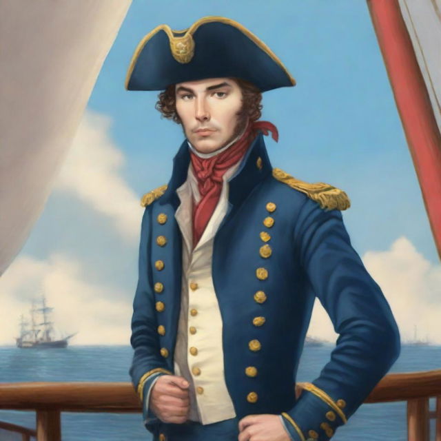 Illustration of a young 20-30 year old captain at sea wearing a blue coat and tricorne that are both trimmed with light red