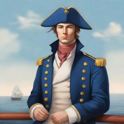 Illustration of a young 20-30 year old captain at sea wearing a blue coat and tricorne that are both trimmed with light red