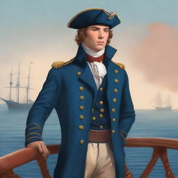 Illustration of a young 20-30 year old captain at sea wearing a blue coat and tricorne that are both trimmed with light red