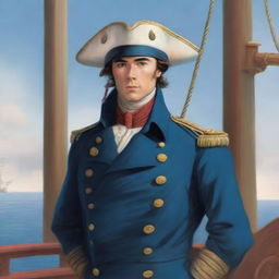 Illustration of a young 20-30 year old captain at sea wearing a blue coat and a tricorne that are both trimmed with light red