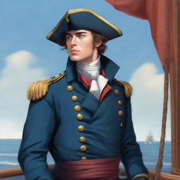 Illustration of a young 20-30 year old captain at sea wearing a blue coat and a tricorne that are both trimmed with light red