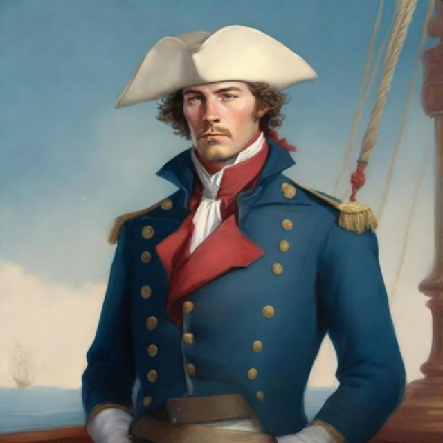 Illustration of a young 20-30 year old captain at sea wearing a blue coat and a tricorne that are both trimmed with light red