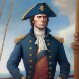 Illustration of a young 20-30 year old captain at sea wearing a blue coat and a tricorne that are both trimmed with light red