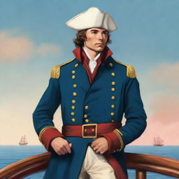 Illustration of a young 20-30 year old captain at sea wearing a blue coat and a tricorne that are both trimmed with light red