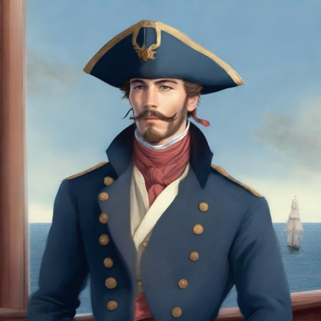 Illustration of a young 20-30 year old captain at sea wearing a blue coat and a tricorne that are both trimmed with light red