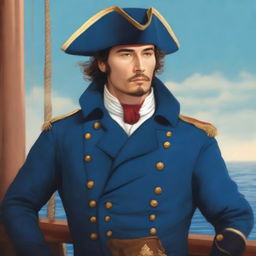 Illustration of a young 20-30 year old captain at sea wearing a blue coat and a tricorne that are both trimmed with light red