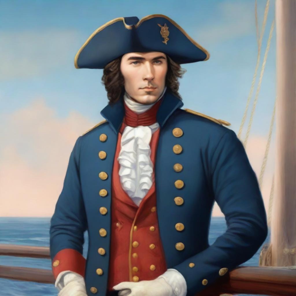 Illustration of a young 20-30 year old captain at sea wearing a blue coat and a tricorne that are both trimmed with light red