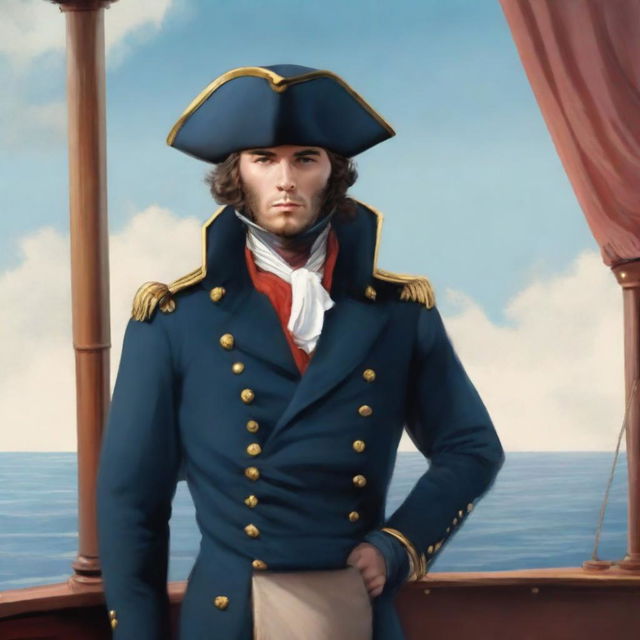 Illustration of a young 20-30 year old captain at sea wearing a blue coat and a tricorne that are both trimmed with light red