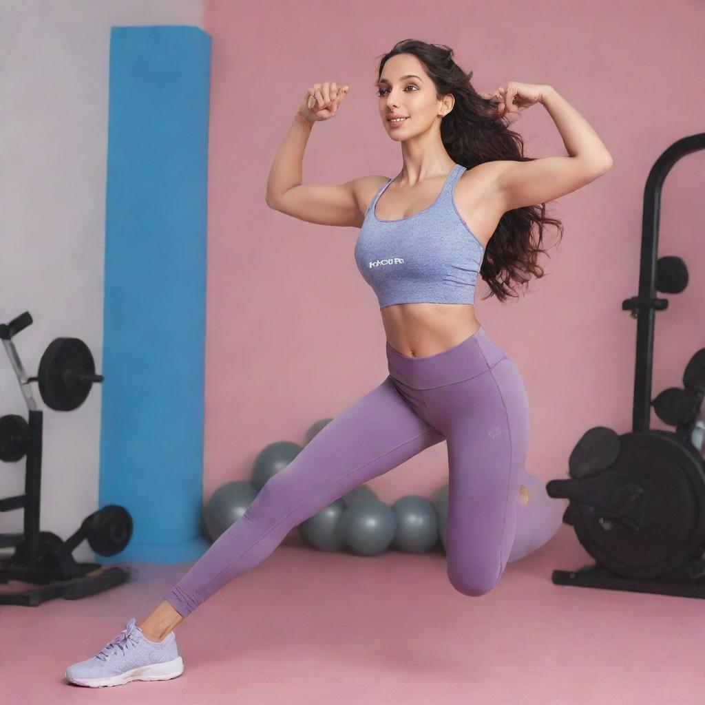 Disney-style illustration of celebrity Nora Fatehi in sports gym clothes, capturing her vitality and athleticism.