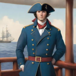 Illustration of a young 20-30 year old captain at sea wearing a blue coat and a tricorne that are both trimmed with light red