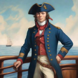 Illustration of a young 20-30 year old captain at sea wearing a blue coat and a tricorne that are both trimmed with light red