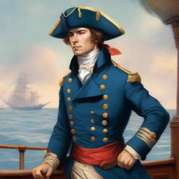 Illustration of a young 20-30 year old captain at sea wearing a blue coat and a tricorne that are both trimmed with light red