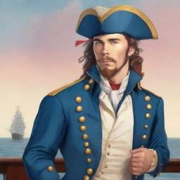 Illustration of a young 20-30 year old captain at sea wearing a blue coat and a tricorne that are both trimmed with light red