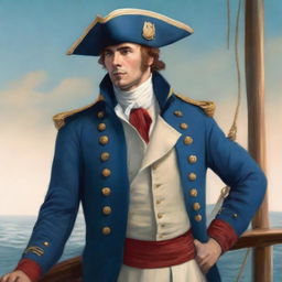 Illustration of a young 20-30 year old captain at sea wearing a blue coat and a tricorne that are both trimmed with light red