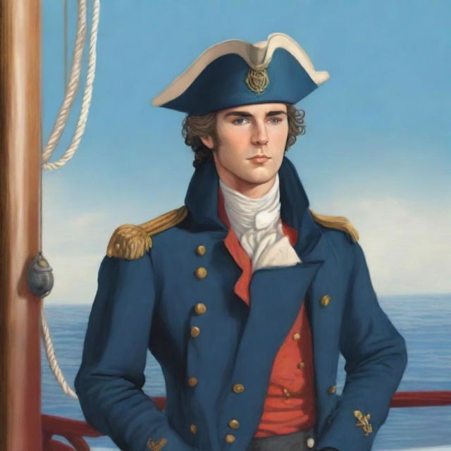 Illustration of a young 20-30 year old captain at sea wearing a blue coat and a tricorne that are both trimmed with light red