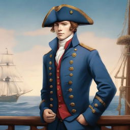 Smooth, bright illustration of a 20 year old captain at sea wearing a blue coat and a tricorne that are both trimmed with light red