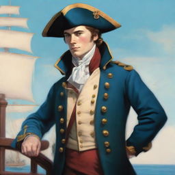 Smooth, bright illustration of a 20 year old captain at sea wearing a blue coat and a tricorne that are both trimmed with light red