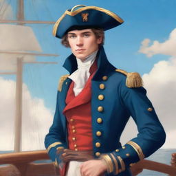 Smooth, bright illustration of a 20 year old captain at sea wearing a blue coat and a tricorne that are both trimmed with light red