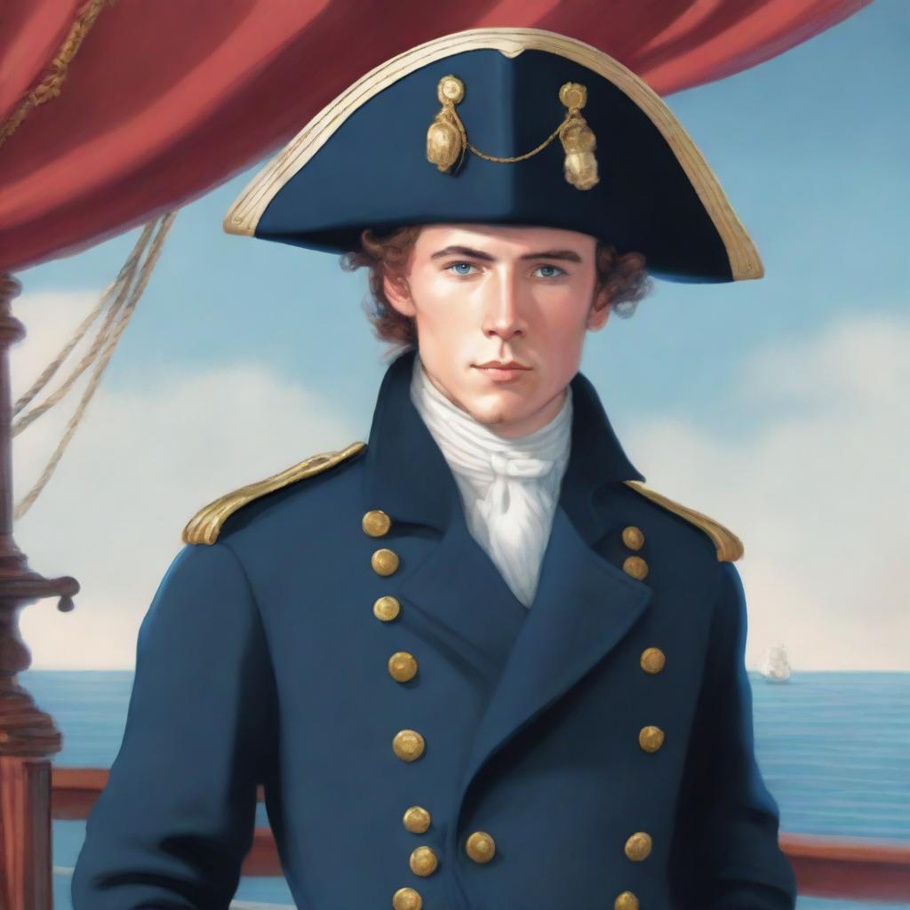 Smooth, bright illustration of a 20 year old captain at sea wearing a blue coat and a tricorne that are both trimmed with light red