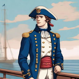 Smooth, bright illustration of a 20 year old captain at sea wearing a blue coat and a tricorne that are both trimmed with light red