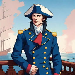 Smooth, bright illustration of a 20 year old captain at sea wearing a blue coat and a tricorne that are both trimmed with light red