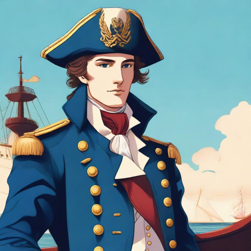 Smooth, bright illustration of a 20 year old captain at sea wearing a blue coat and a tricorne that are both trimmed with light red