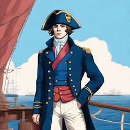 Smooth, bright illustration of a 20 year old captain at sea wearing a blue coat and a tricorne that are both trimmed with light red