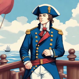 Smooth, bright illustration of a 20 year old captain at sea wearing a blue coat and a tricorne that are both trimmed with light red