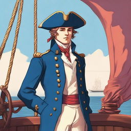 Smooth, bright illustration of a 20 year old captain at sea wearing a blue coat and a tricorne that are both trimmed with light red