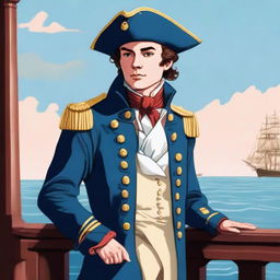 Smooth, bright illustration of a 20 year old captain at sea wearing a blue coat and a tricorne that are both trimmed with light red