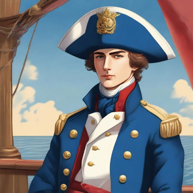 Smooth, bright illustration of a 20 year old captain at sea wearing a blue coat and a tricorne that are both trimmed with light red