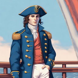 Smooth, bright illustration of a 25 year old captain at sea wearing a blue coat and a tricorne that are both trimmed with light red