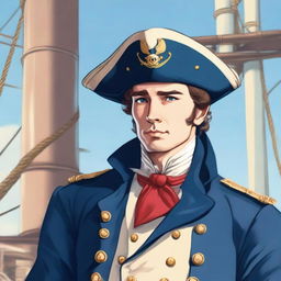 Smooth, bright illustration of a 25 year old captain at sea wearing a blue coat and a tricorne that are both trimmed with light red