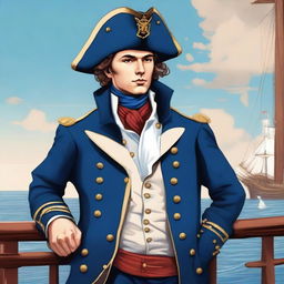 Smooth, bright illustration of a 25 year old captain at sea wearing a blue coat and a tricorne that are both trimmed with light red