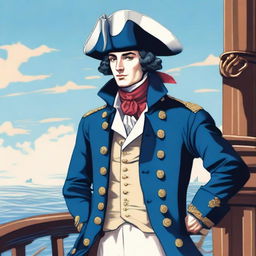 A smooth, bright illustration of a 25-year-old captain at sea, wearing a blue coat and a tricorne that are both trimmed with light red