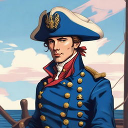 A smooth, bright illustration of a 25-year-old captain at sea, wearing a blue coat and a tricorne that are both trimmed with light red