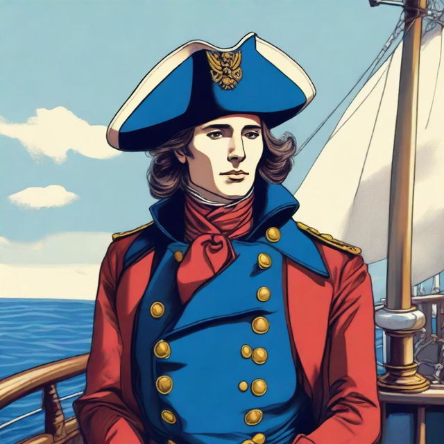 A smooth, bright illustration of a 25-year-old captain at sea, wearing a blue coat and a tricorne that are both trimmed with light red