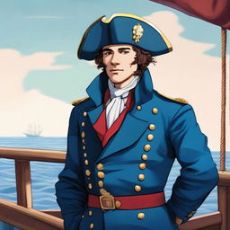 A smooth, bright illustration of a 25-year-old captain at sea, wearing a blue coat and a tricorne that are both trimmed with light red