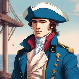 Smooth, bright illustration of a 25-year-old captain at sea, wearing a blue coat and a tricorne both trimmed with light red