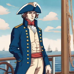 Smooth, bright illustration of a 25-year-old captain at sea, wearing a blue coat and a tricorne both trimmed with light red