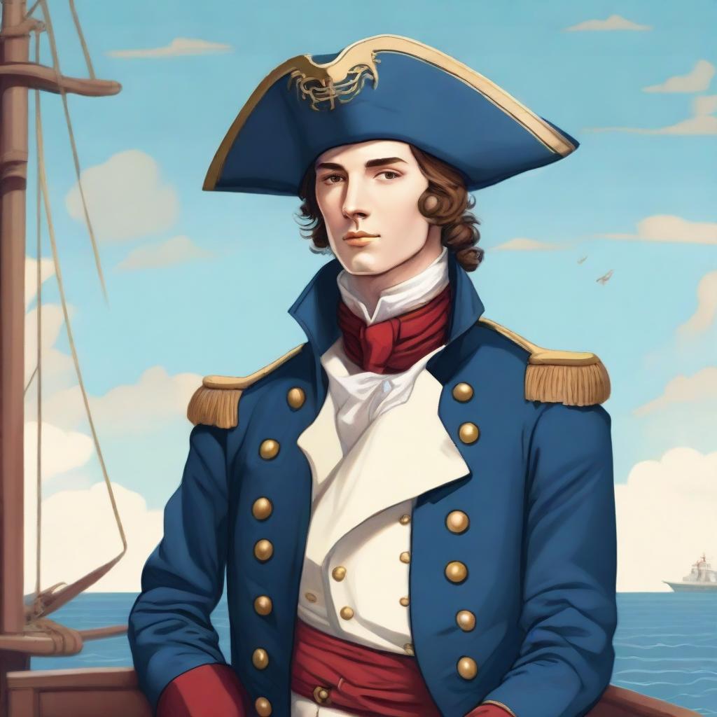 Smooth, bright illustration of a 25-year-old captain at sea, wearing a blue coat and a tricorne both trimmed with light red